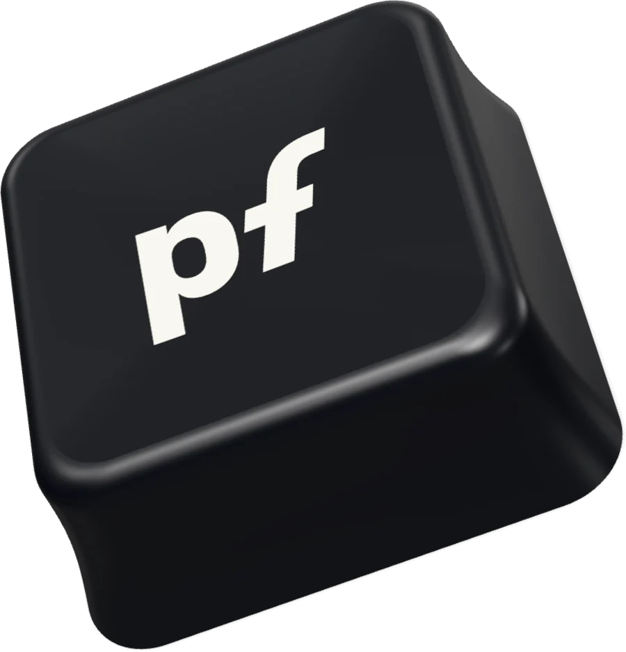 A black keycap printed with the Pure Func pf mark.